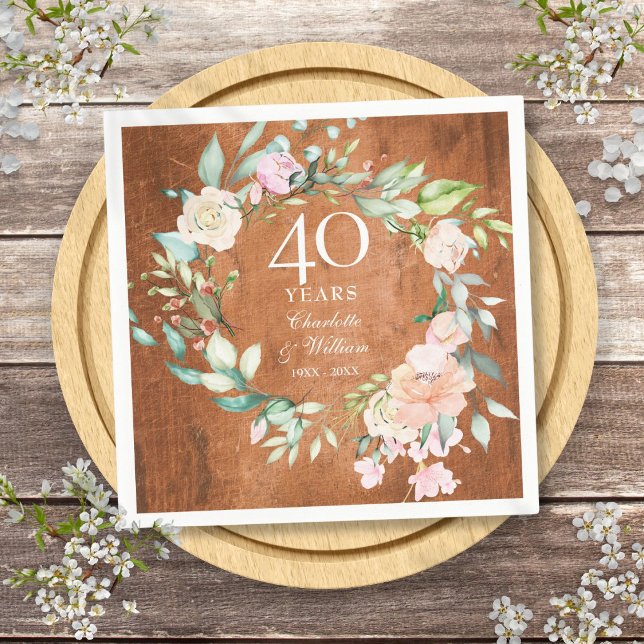 40th Ruby Wedding Anniversary Rustic Wood Roses Napkin (40th Ruby Wedding Anniversary Rustic Wood Roses Napkins)