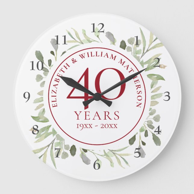 40th Ruby Wedding Anniversary Watercolor Leaves  Large Clock (Front)