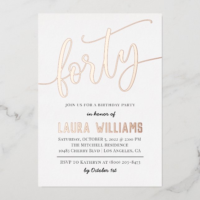 40th Script Word Birthday Foil Invitation (Front)