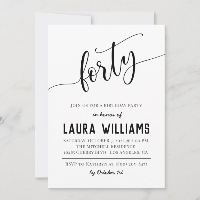 40th Script Word Birthday Invitation (Front)
