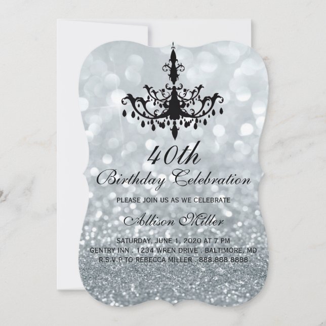 40th Silver Glam Chandelier Birthday Party Invite (Front)