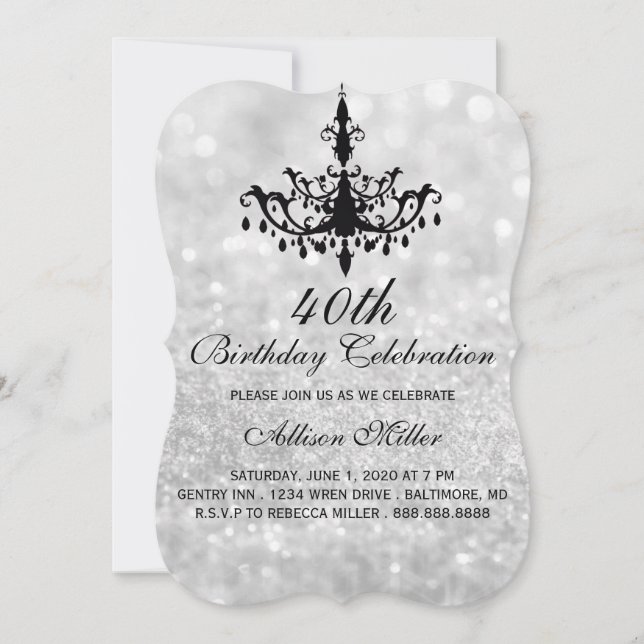 40th Silver Glam Chandelier Birthday Party Invite (Front)