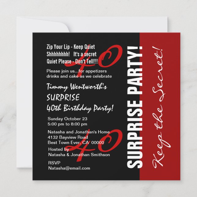 40th SURPRISE Birthday Black Red White W1895 Invitation (Front)