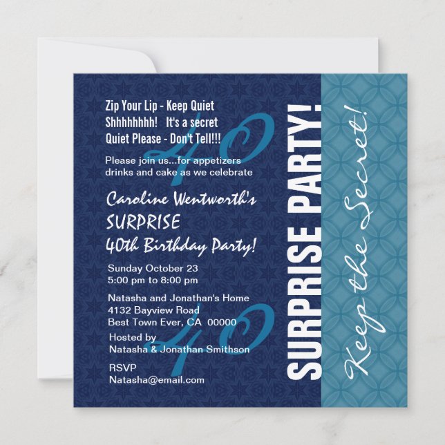 40th SURPRISE Birthday Blue Geometric Patterns Invitation (Front)