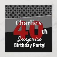 40th Surprise Birthday Modern Black White Red Grey