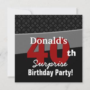 40th Surprise Birthday Modern Black White Red V05 Invitation