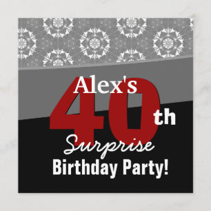 40th Surprise Birthday Modern Black White Red V13 Invitation
