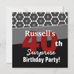 40th Surprise Birthday Modern Black White Red V34 Invitation