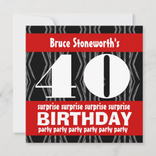 40th Surprise Birthday Party Black Red White Invitation