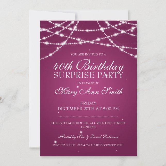 40th Surprise Birthday Party String Stars Pink Invitation (Front)