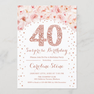 40th Surprise Birthday Party - White Rose Gold Invitation