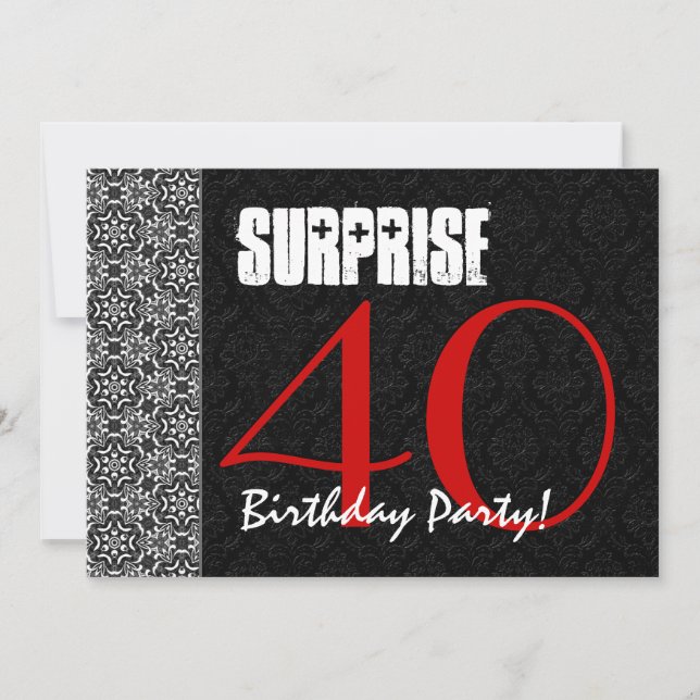 40th Surprise Birthday Red Black White Pattern Invitation (Front)