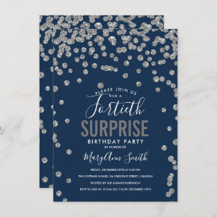 40th Surprise Birthday Silver Navy Invitation