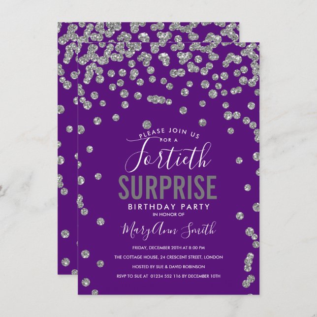 40th Surprise Birthday Silver Purple Invitation (Front/Back)