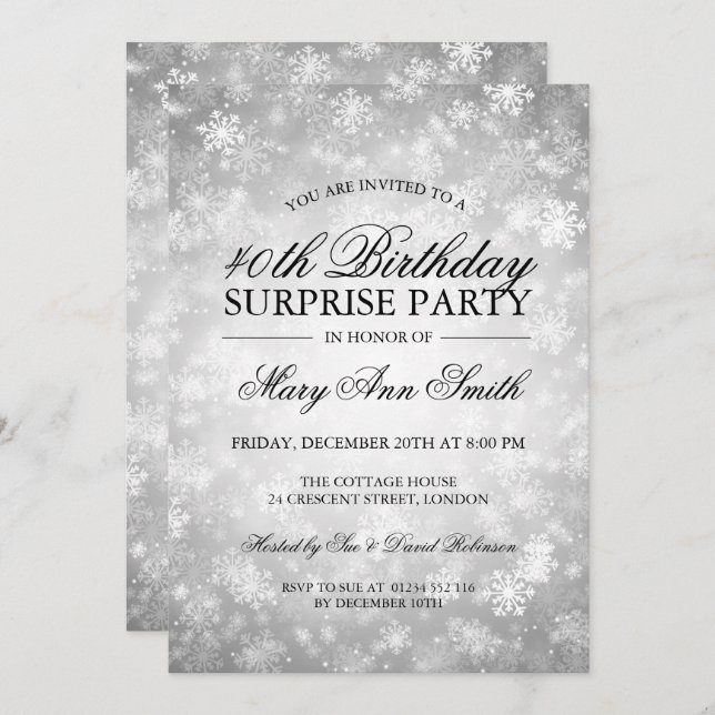 40th Surprise Birthday Silver Winter Wonderland Invitation (Front/Back)