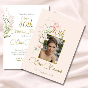 40th Surprise Blush Pink Floral Photo Birthday Invitation