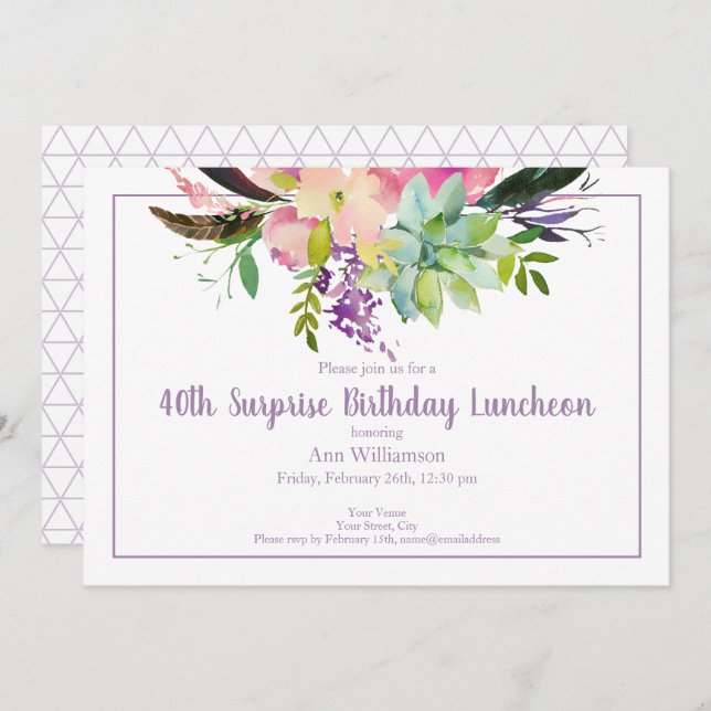 40th Surprise Boho Flower Succulent Birthday Invitation (Front/Back)