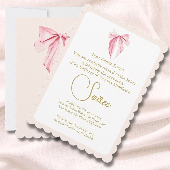40th Watercolor Pink Elegant  Birthday Bow Invitation (Creator Uploaded)