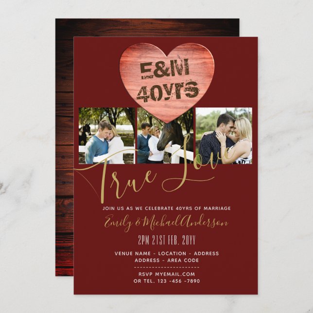 40th Wedding Anniversary - ADD PHOTOS x 3 Rustic Invitation (Front/Back)