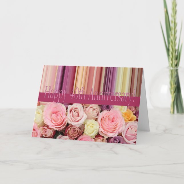 40th Wedding Anniversary Card -Pastel roses stripe (Front)
