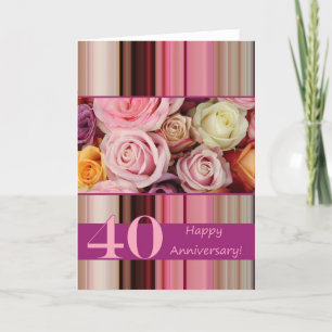 40th Wedding Anniversary Card -Pastel roses stripe