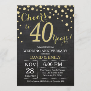 40th Wedding Anniversary Chalkboard Black and Gold Invitation