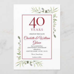 40th Wedding Anniversary Change the Date Greenery  Invitation