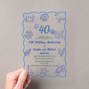 40th Wedding Anniversary Chic Hand Drawn Sea Life Acrylic Invitations
