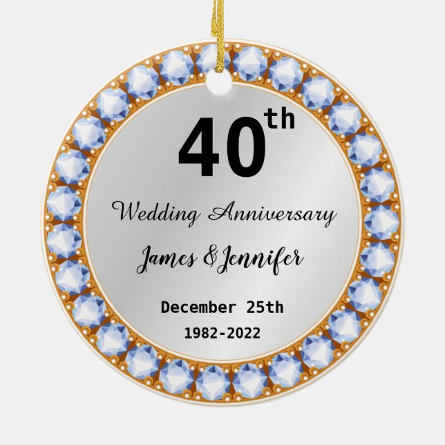 40th Wedding Anniversary diamond Custom Names  Ceramic Ornament (Back)