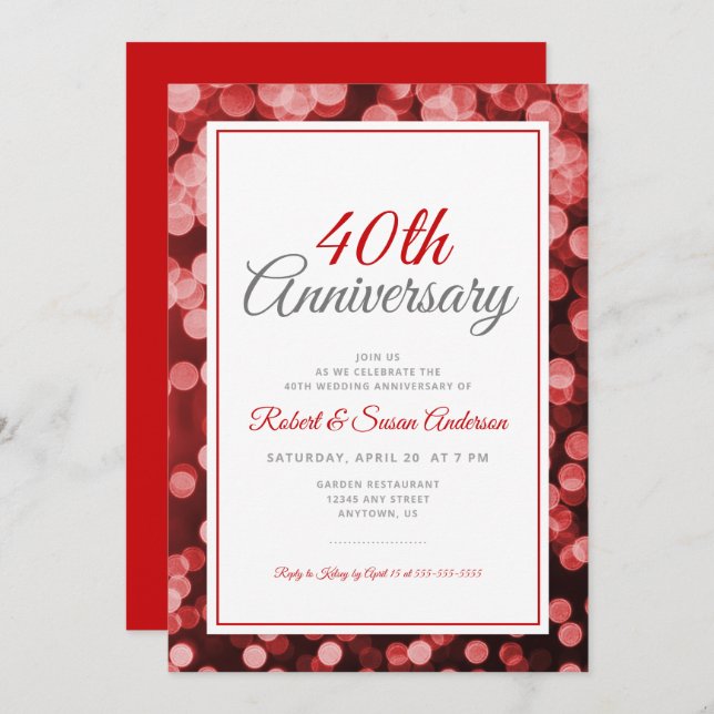 40th Wedding Anniversary | Elegant Red Bokeh Invitation (Front/Back)