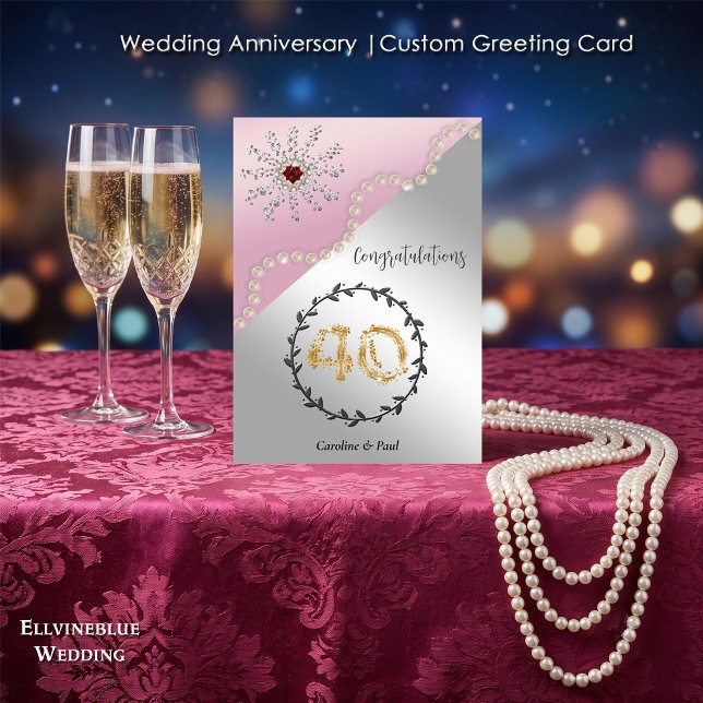 40th Wedding Anniversary | Elegant Ruby & Pearls Card (Double-sided 40th Wedding Anniversary. 100% editable with message inside. 5”x7”.)