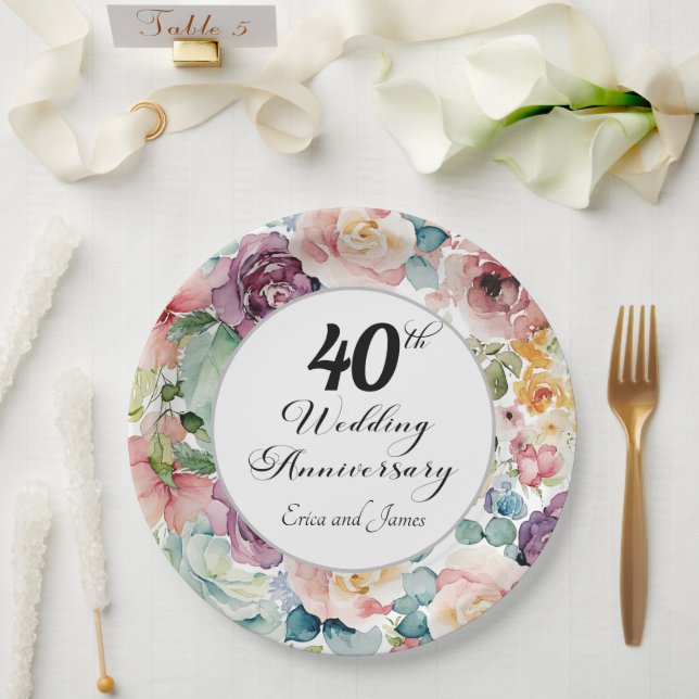 40th Wedding Anniversary Elegant Script Floral Paper Plate (Wedding)