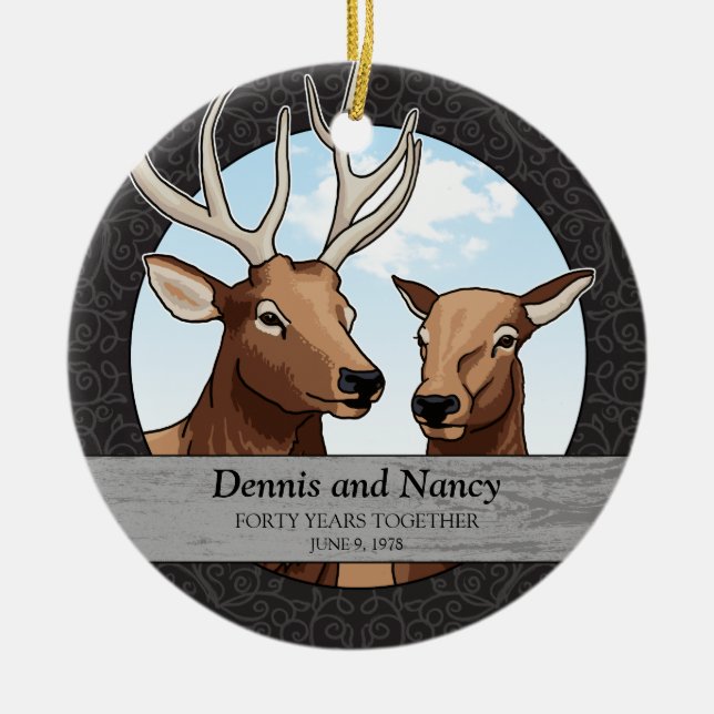40th Wedding Anniversary, Elk Personalised Ceramic Ornament (Front)