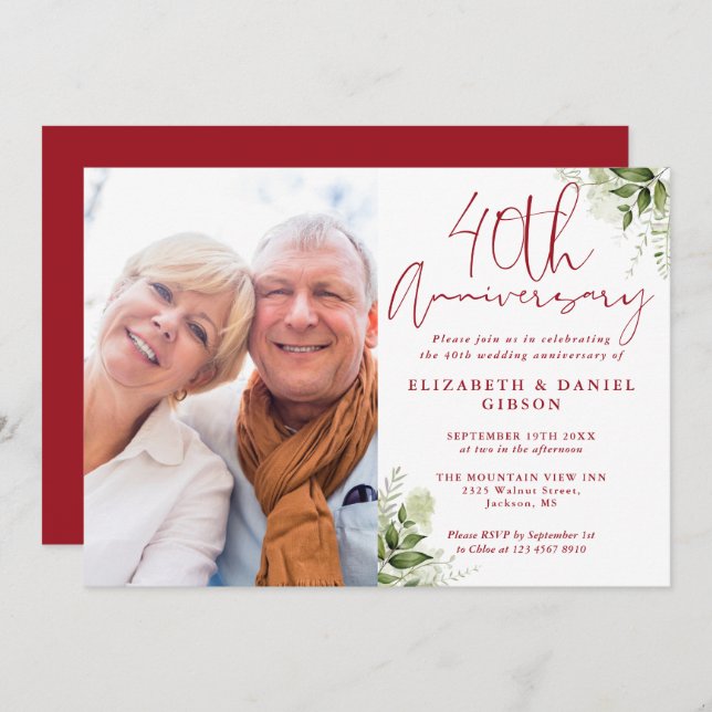 40th Wedding Anniversary Floral Greenery Photo Invitation (Front/Back)