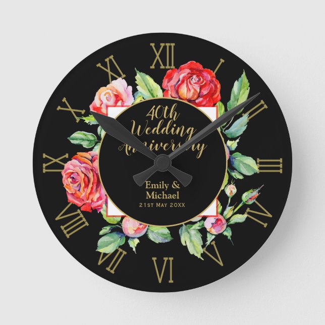 40th Wedding Anniversary Gift - Ruby Red Roses Round Clock (Front)
