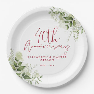 40th Wedding Anniversary Greenery Floral Paper Plate