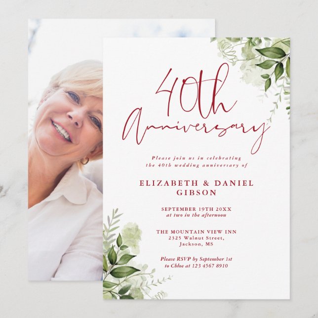 40th Wedding Anniversary Greenery Floral Photo Invitation (Front/Back)