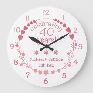 40th Wedding Anniversary Hearts Large Clock
