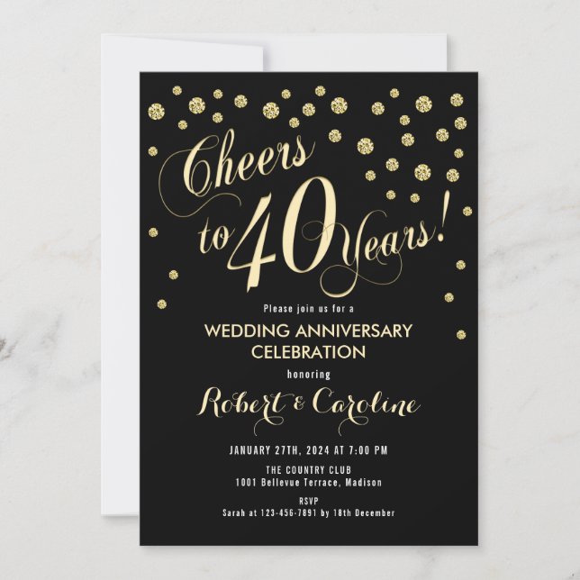 40th Wedding Anniversary Invitation - Black & Gold (Front)