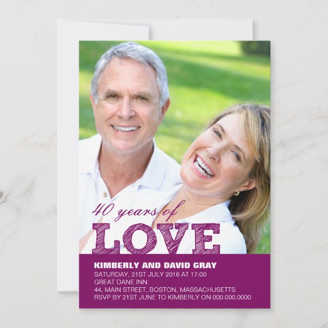 40th Wedding Anniversary Invitation in Purple (Front)