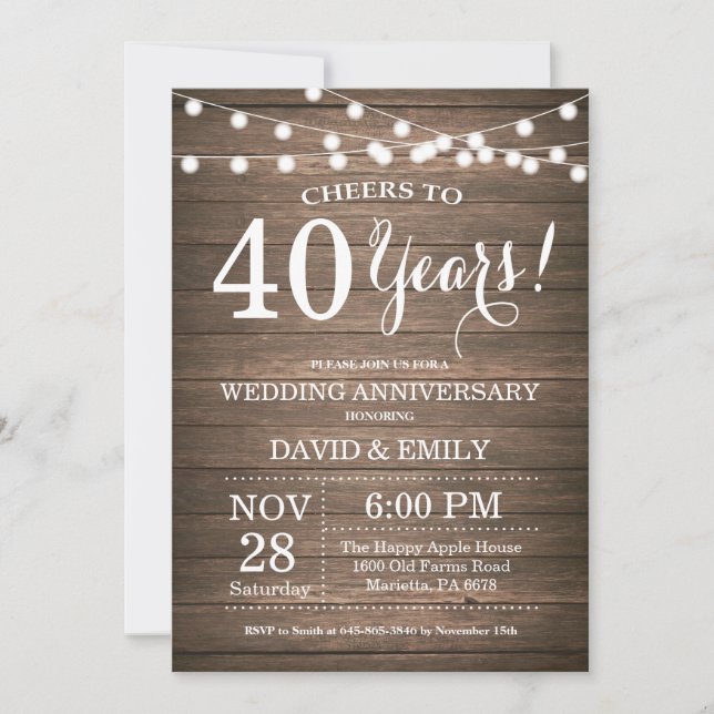 40th Wedding Anniversary Invitation Rustic Wood (Front)