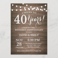 40th Wedding Anniversary Invitation Rustic Wood