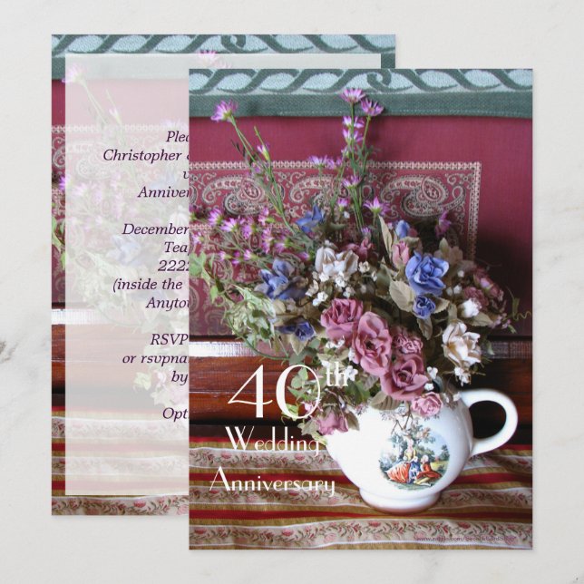 40th Wedding Anniversary Invitation Vintage Teapot (Front/Back)