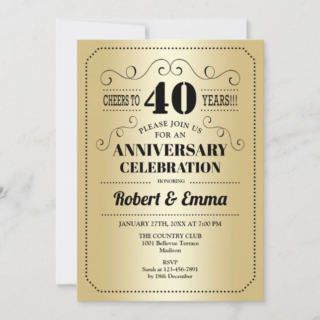 40th Wedding Anniversary Party - Gold Black Invitation (Front)