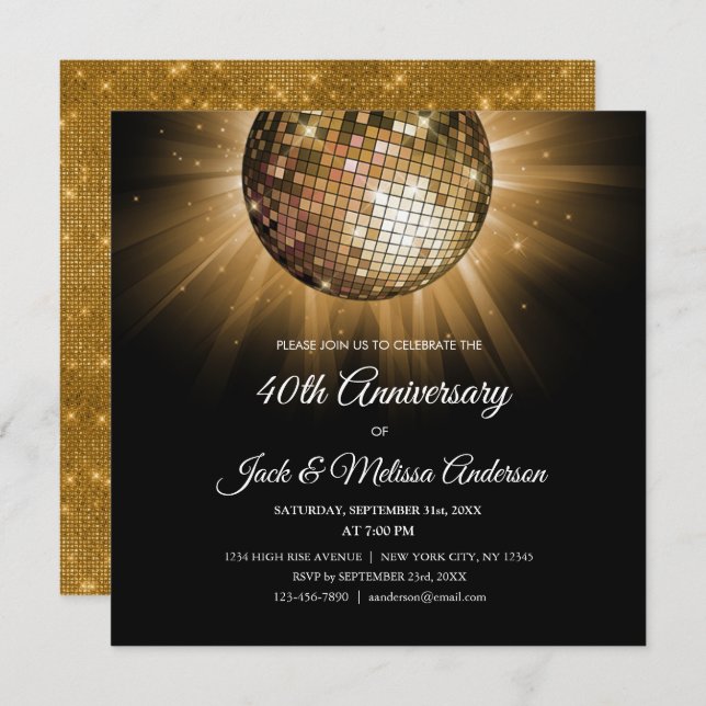40th Wedding Anniversary Party Gold Disco Ball Invitation (Front/Back)