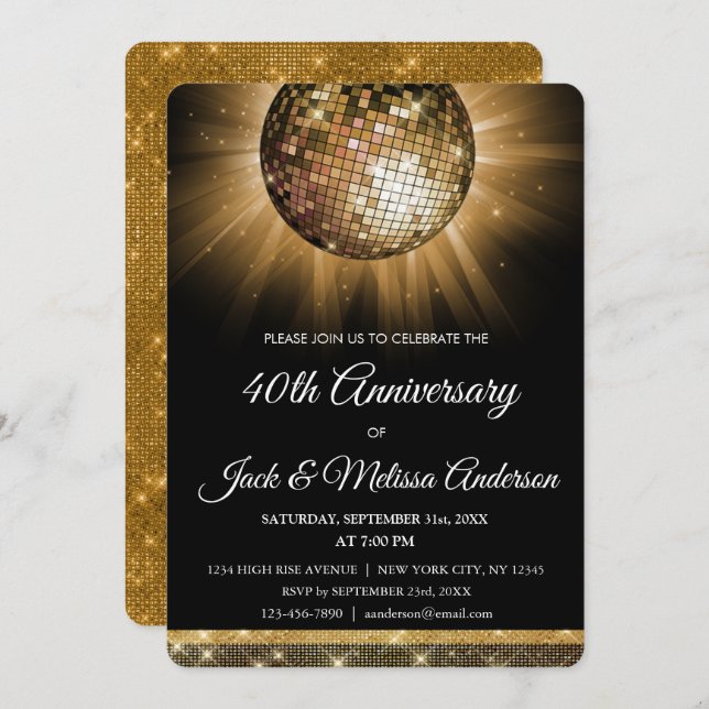 40th Wedding Anniversary Party Gold Disco Ball Invitation (Front/Back)