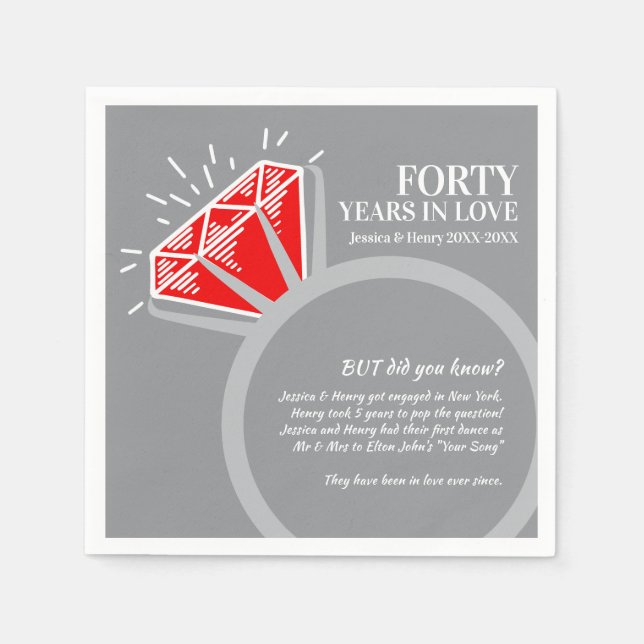 40th wedding anniversary party ruby ring fun facts napkin (Front)