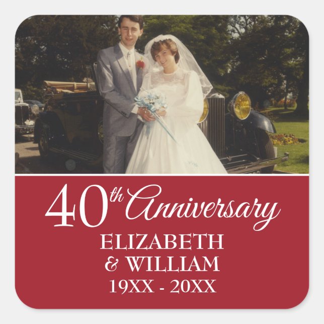 40th Wedding Anniversary Photo Elegant Ruby Square Sticker (Front)