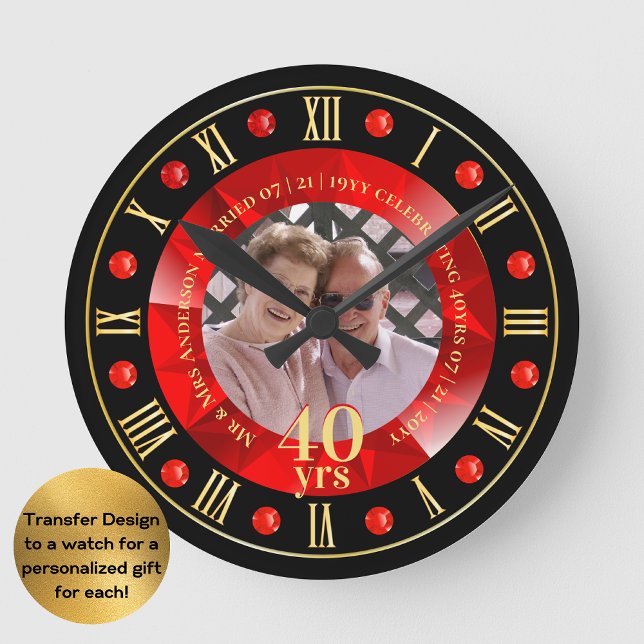 40th Wedding Anniversary PHOTO Gift Ruby Red Large Clock (Creator Uploaded)