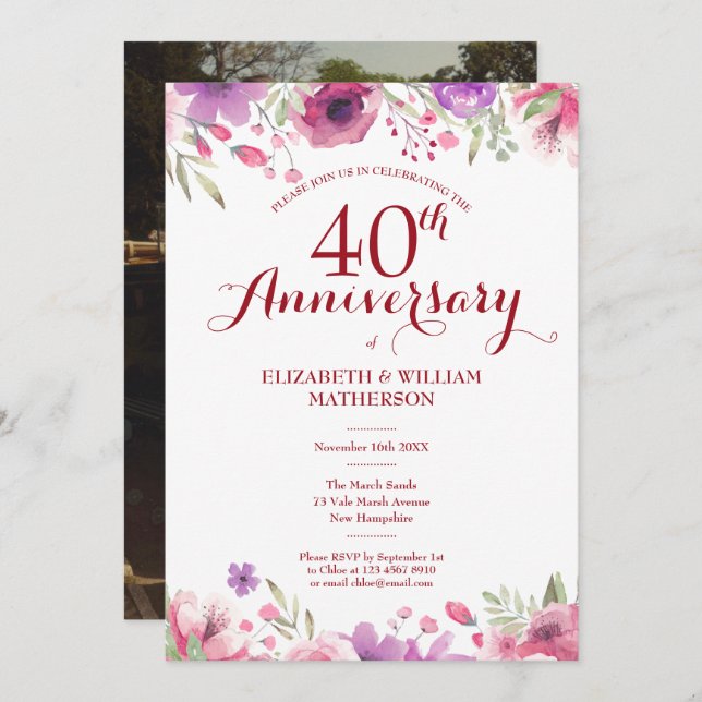 40th Wedding Anniversary Photo Watercolor Roses Invitation (Front/Back)
